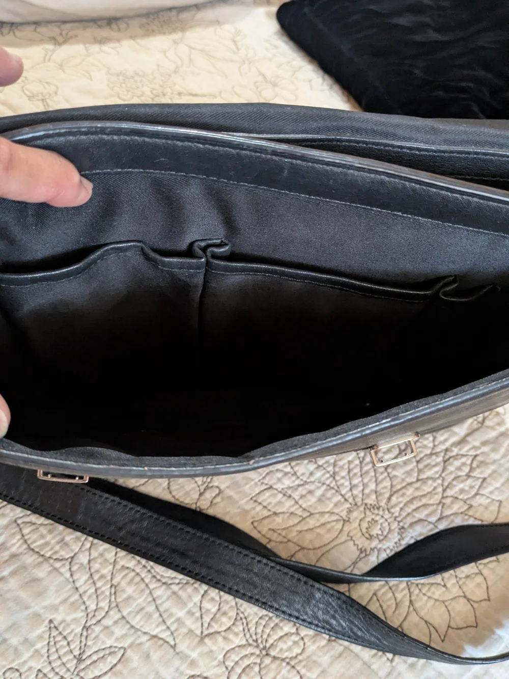 Levenger black top grain leather messenger bag